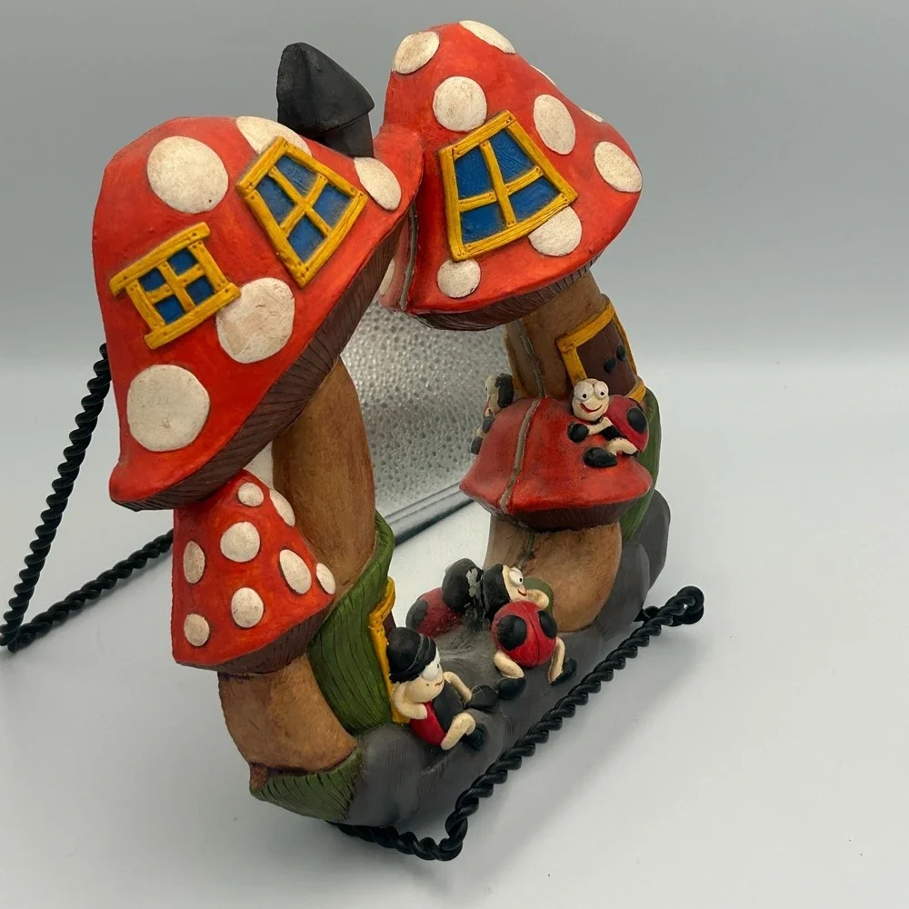 Vintage Chalkware Fairy House Mushroom Ladybug Mirror Red White Wall Juta‎ S 70s